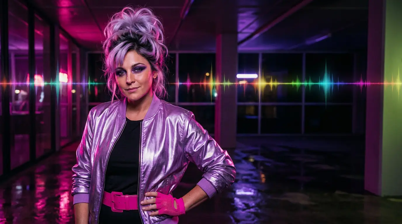 A.N.K.A. in a metallic pink-lilac bomber jacket and pink gloves in a neon corridor, a rainbow audio waveform glowing behind her