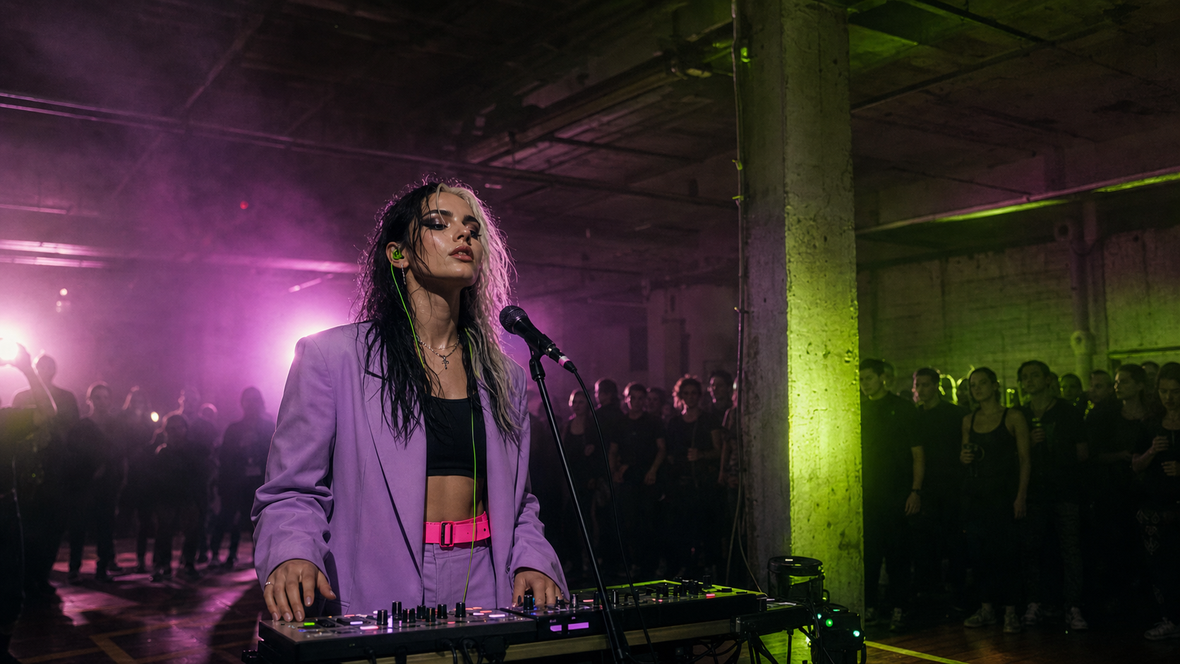 A.N.K.A. project avatar at a synthesizer in violet neon and green side light