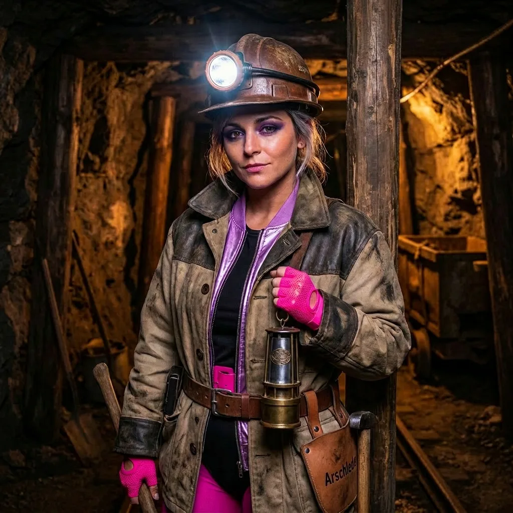Cover artwork for Steigerdance: a miner in pink gloves underground